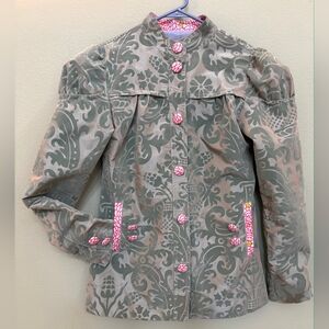 Ollie Sang Vintage Retro Inspired Sage Damask Blazer w Red & White Trim - Size 6